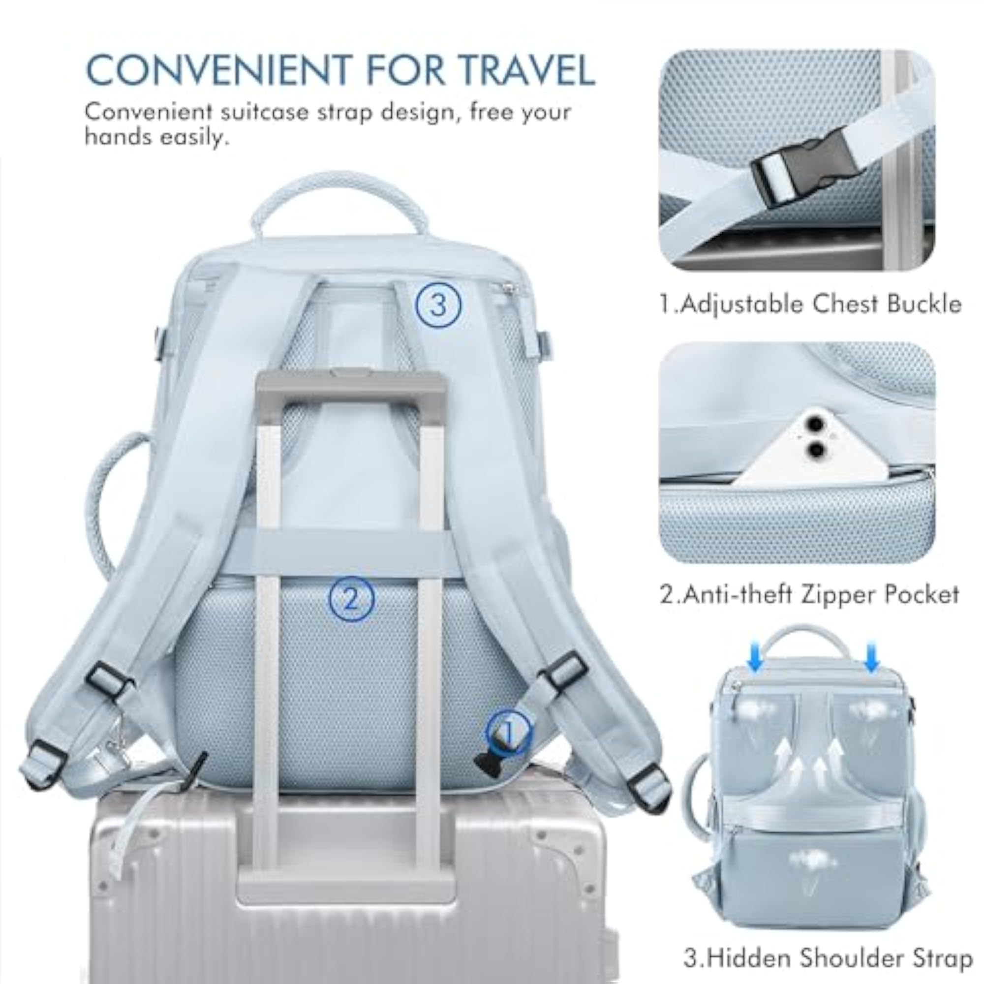 Airline Approved Light Blue Travel Backpack, X-Large